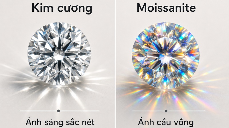 Sự khác biệt về ánh sáng giữa kim cương và đá moissanite