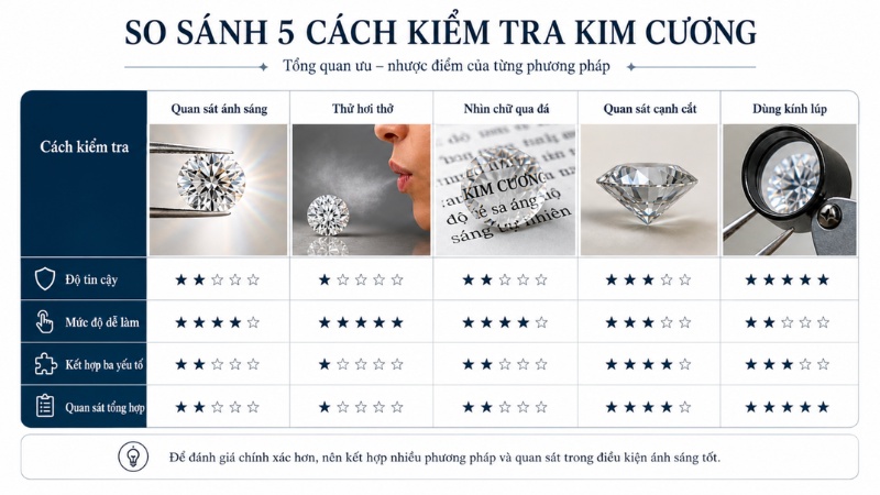 Bảng so sánh mức độ tin cậy của từng mẹo kiểm tra kim cương