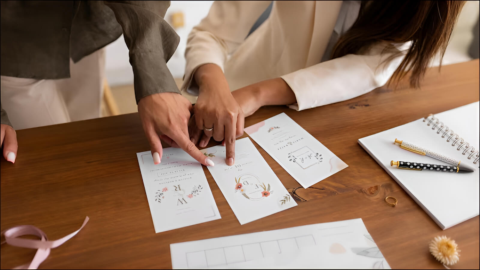 Nhân viên đang tư vấn các mẫu thiệp cưới cho cặp đôi tại cửa hàng