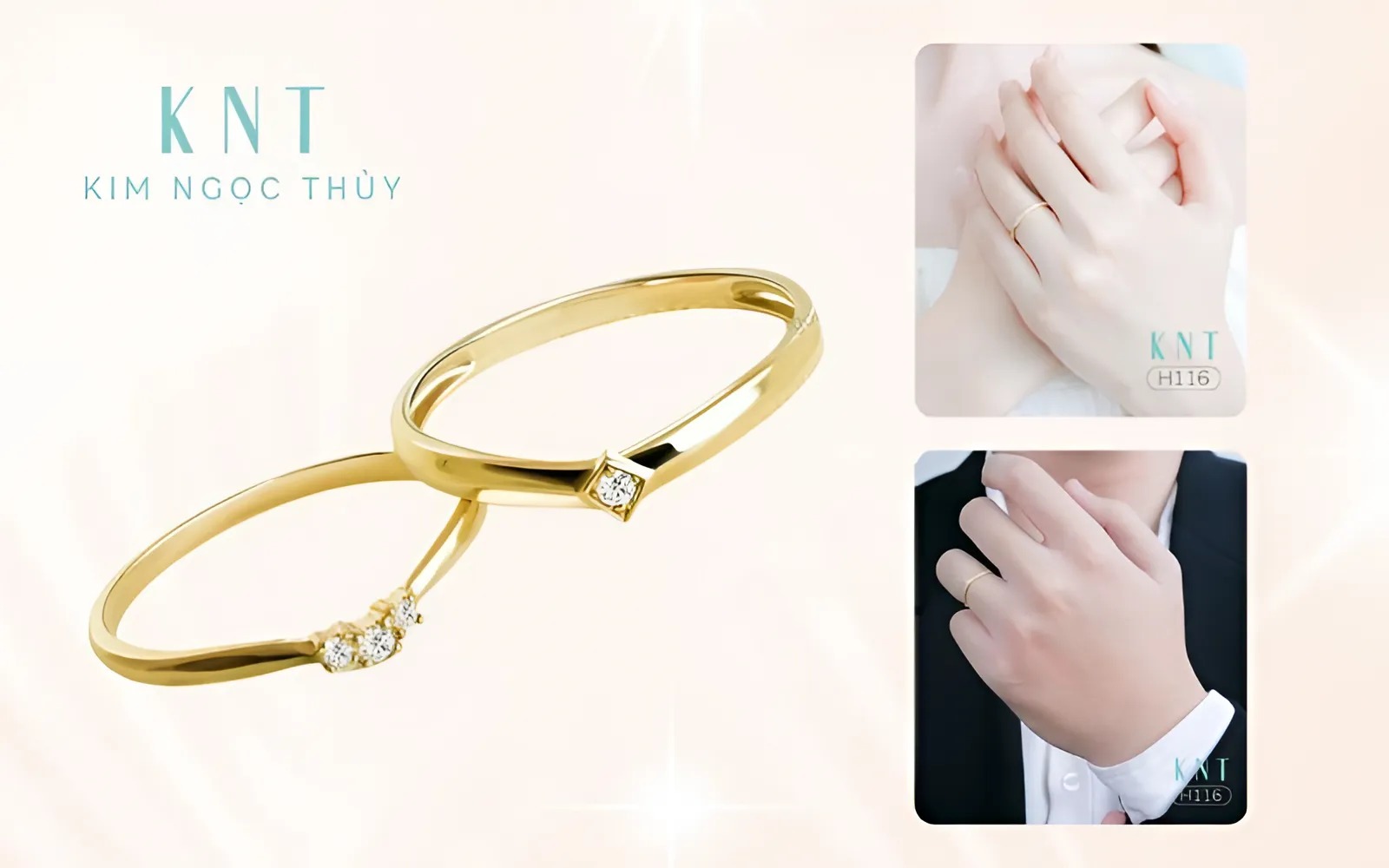 Kim Ngọc Thủy mang đến cho các cặp đôi nhiều lựa chọn nhẫn cưới cặp với thiết kế đồng điệu