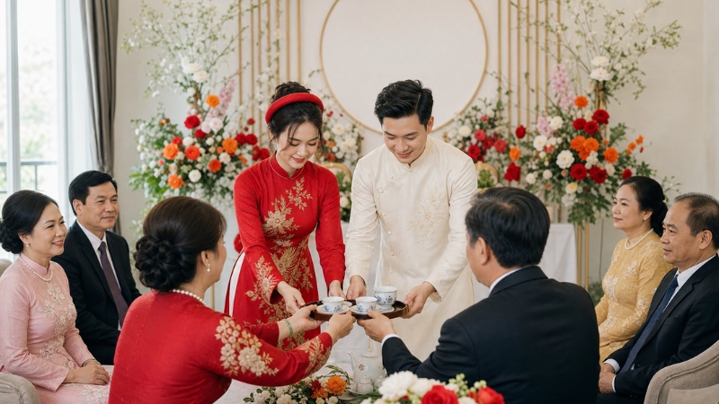 Cô dâu chú rể ra mắt hai họ và mời nước trong lễ đính hôn
