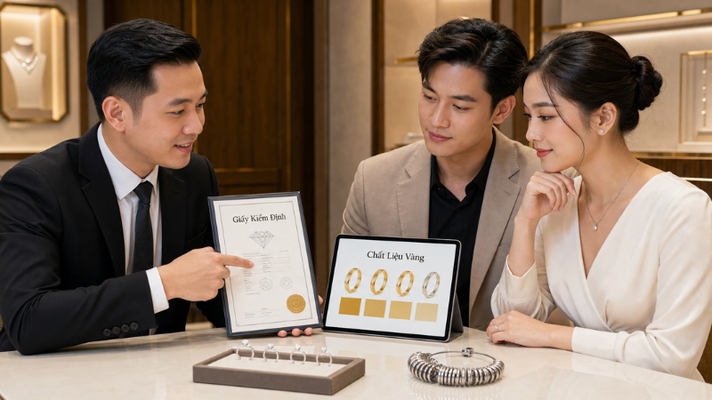 Nhân viên tư vấn hỗ trợ đọc giấy kiểm định và gợi ý chất liệu vàng phù hợp