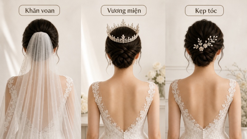 So sánh khăn voan, vương miện và kẹp tóc cho cô dâu