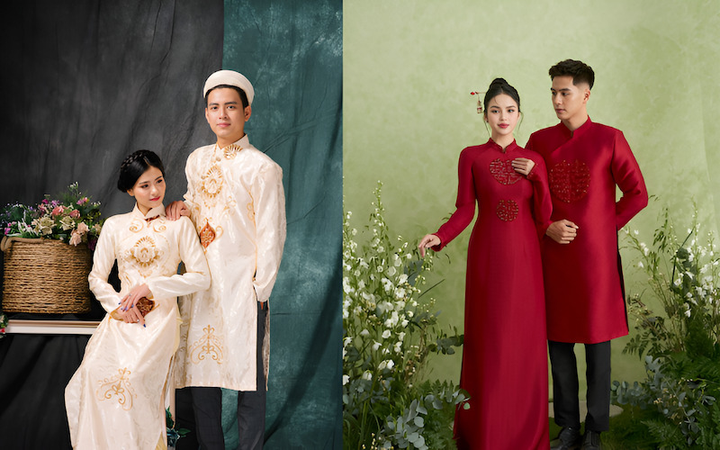 Chú rể có thể chọn áo dài lễ gia tiên bằng gấm lụa trơn hoặc họa tiết nam tính