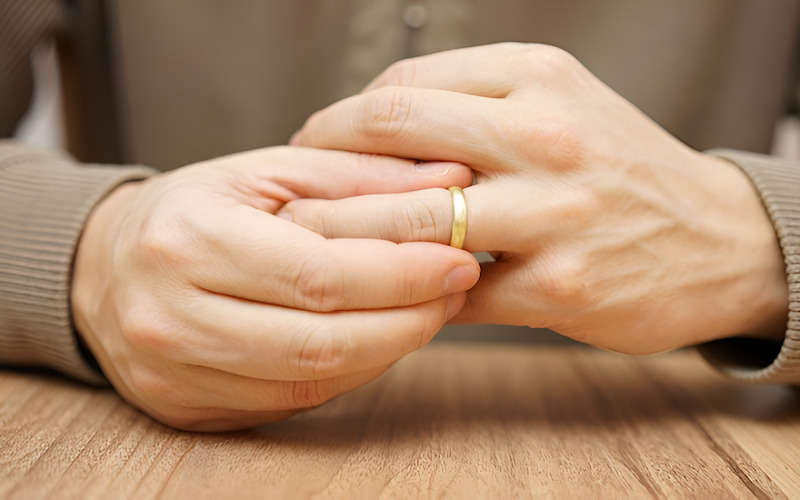 Nhẫn cưới bị chật, hằn sâu trên ngón tay của một người.