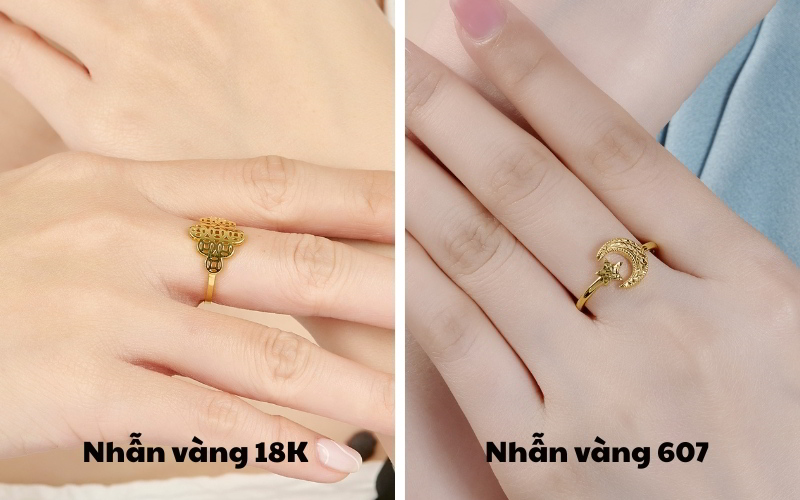 Hai chiếc nhẫn vàng đặt cạnh nhau để so sánh màu sắc và độ sáng