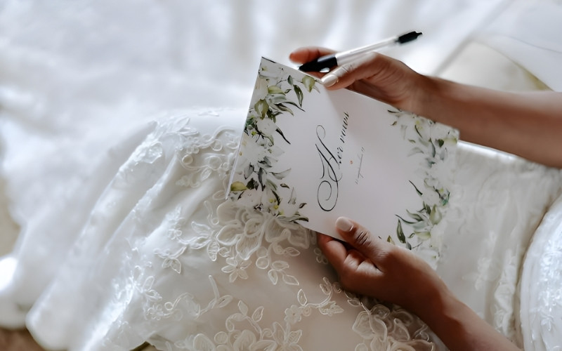 Thiệp cưới đặt trang trọng trên bàn làm việc của cấp trên.