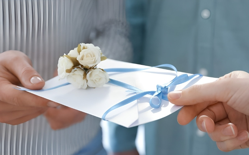 Một người đang dùng bút kiểm tra lại danh sách khách mời đã ghi trên thiệp cưới.