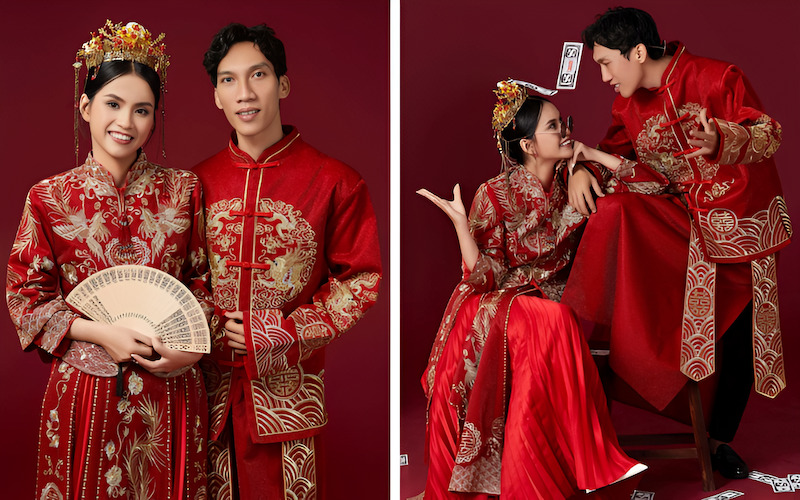 Cặp đôi đang thực hiện nghi lễ dâng hương trước bàn thờ gia tiên