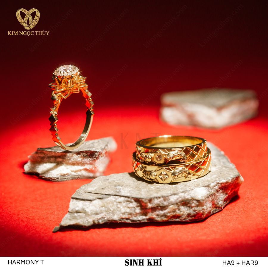 Cặp nhẫn cưới Sinh Khí Harmony T vàng 10K/14K/18K/607 cao cấp