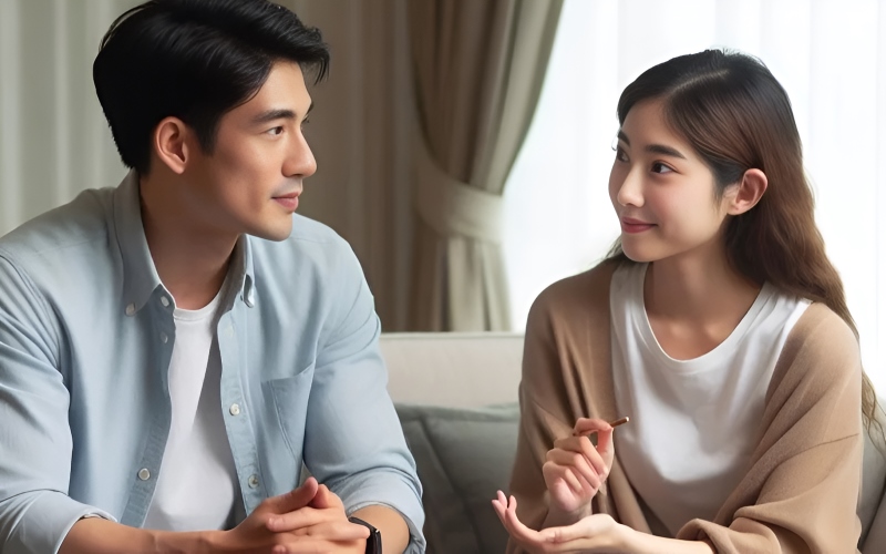 Cặp đôi ngồi đối diện, lắng nghe và chia sẻ với nhau