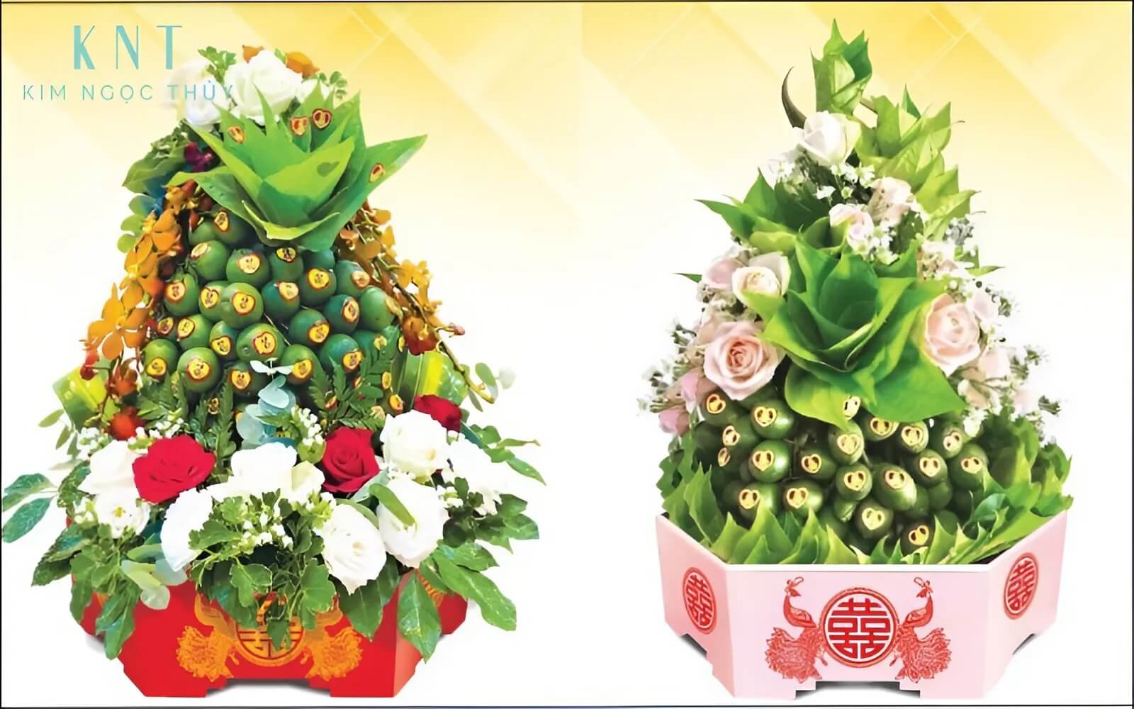 Mâm trầu cau hiện đại trang trí hoa và phụ kiện