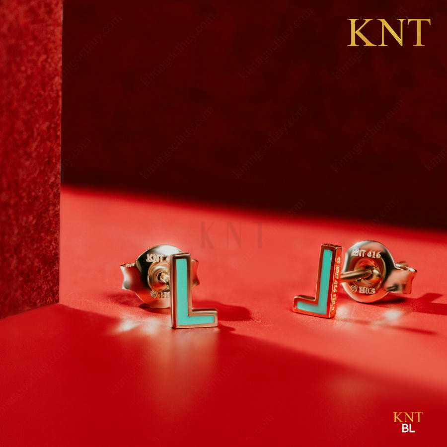 Bông tai Sea La Vie chữ L chất liệu vàng phủ sứ xanh độc đáo