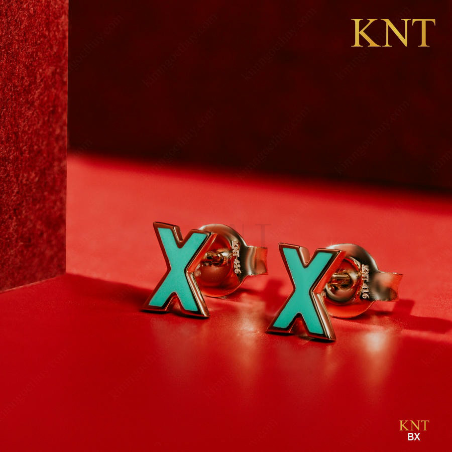 Bông tai Sea La Vie chữ X chất liệu vàng cap cấp, phủ sứ xanh