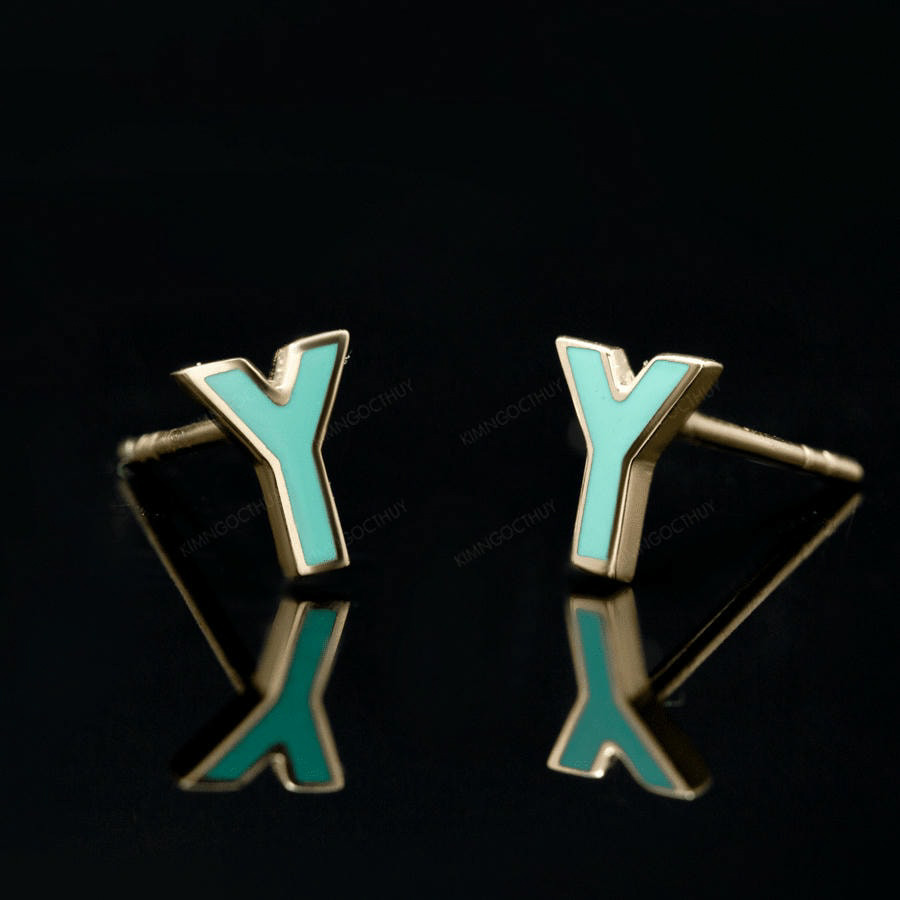 Bông tai Sea La Vie chữ Y - BY phủ sứ xanh - Thiết kế độc quyền tại Kim Ngọc Thủy