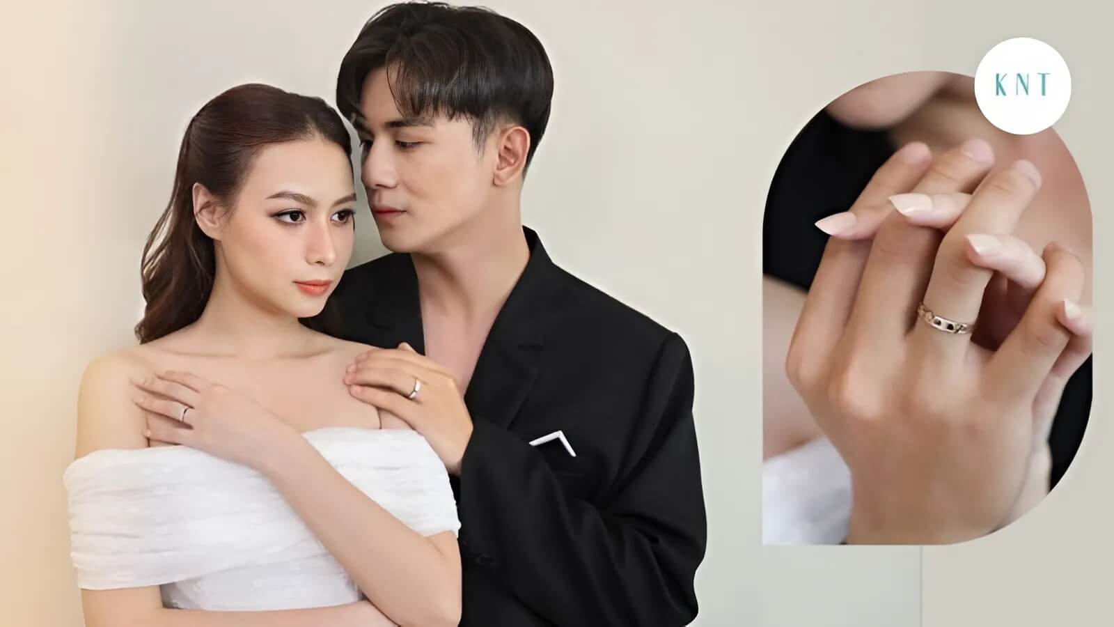 Cặp đôi chụp ảnh cưới trong studio với phông nền đơn giản