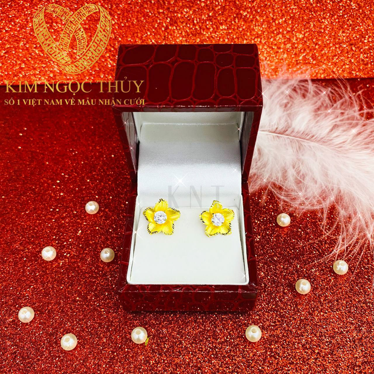 Bông tai cưới hoa mai 1 hột trắng vàng 24K Kim Ngọc Thủy