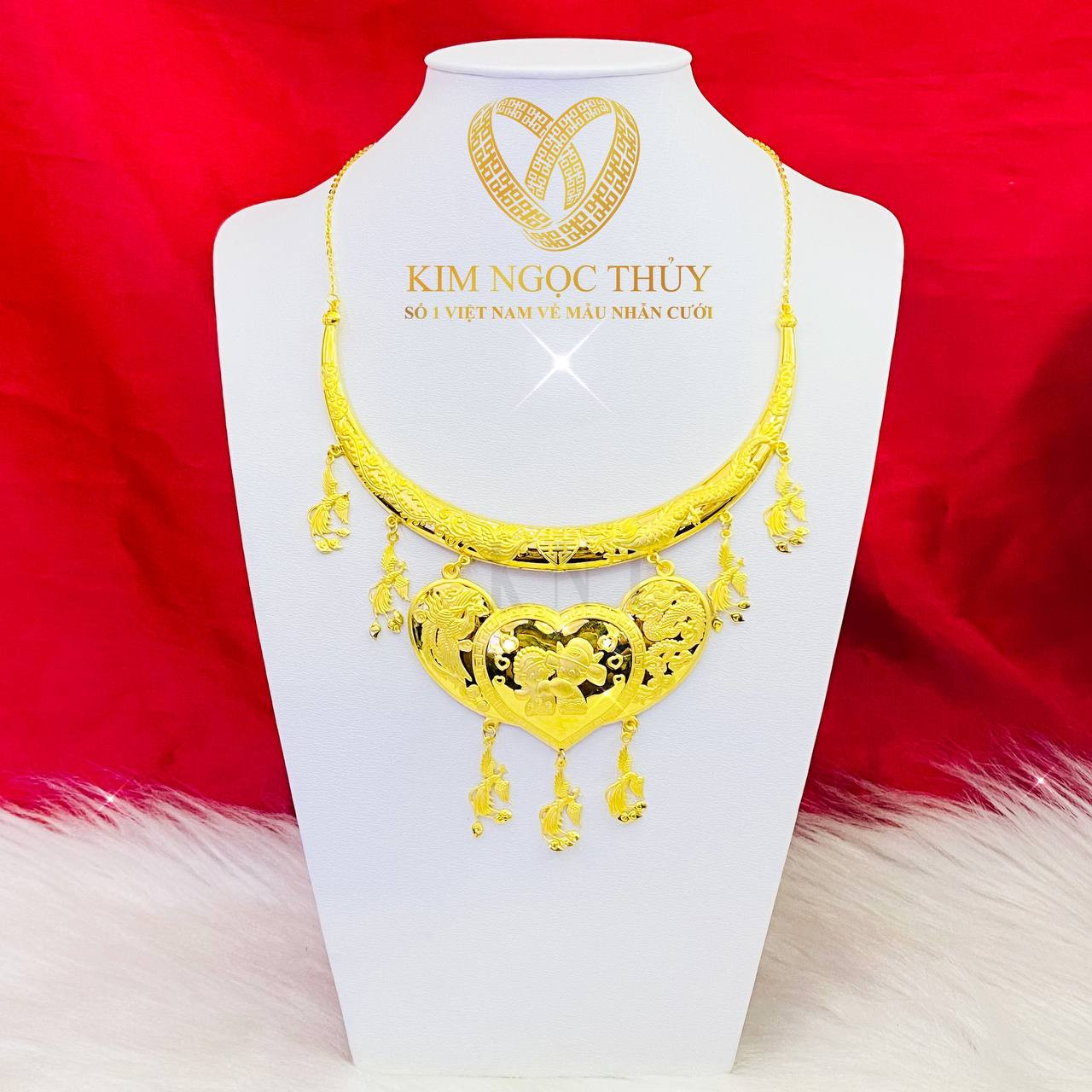 Dây chuyền kiềng cổ heo Long Phụng vàng 24K: Trang sức cưới Kim Ngọc Thủy, biểu tượng phú quý
