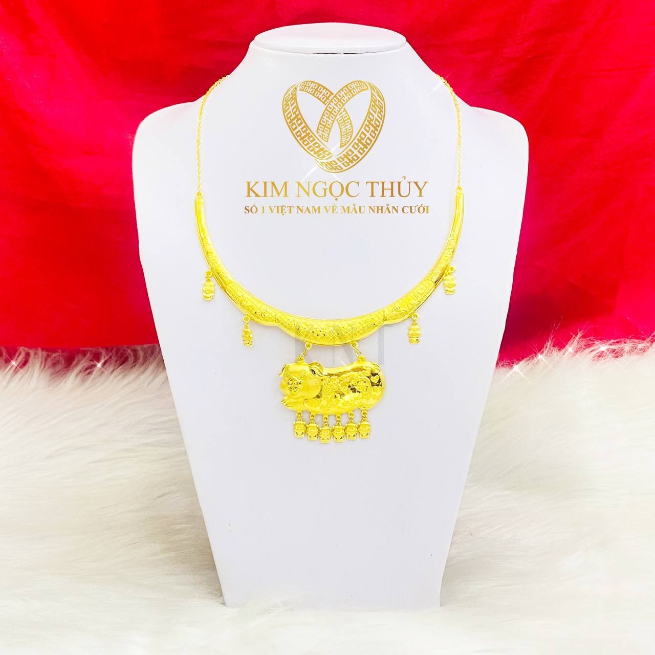 Dây chuyền kiềng cổ heo Long Phụng vàng 24K: Trang sức cưới Kim Ngọc Thủy, biểu tượng phú quý