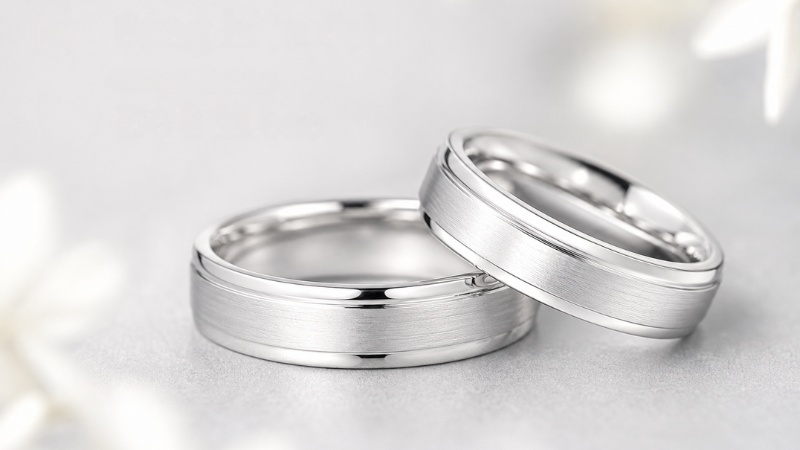 Nhẫn cưới vàng trắng 18K thiết kế bản to mạnh mẽ