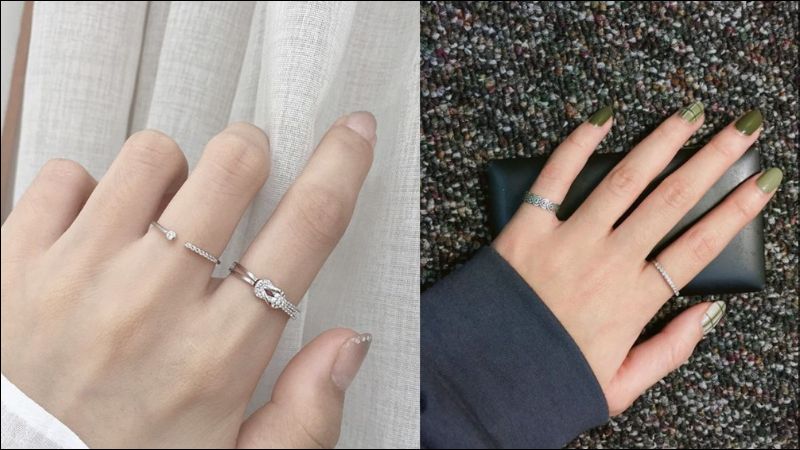 Phối nhẫn tối giản với hai chiếc nhẫn trơn, mảnh