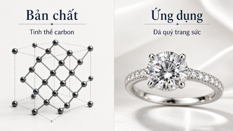 Kim cương là một dạng tinh thể của carbon, được ứng dụng nhiều trong trang sức cao cấp