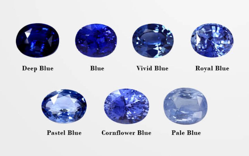 Các sắc thái màu của đá Sapphire xanh dương từ nhạt đến đậm.