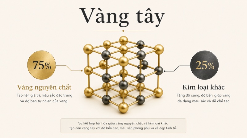 Vàng tây là hợp kim vàng được tạo thành từ việc kết hợp vàng nguyên chất với một số kim loại khác