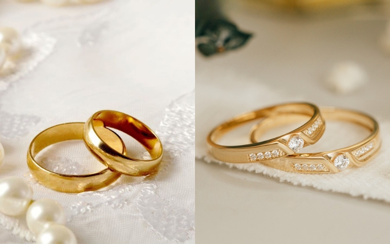 Nhẫn cưới vàng 24K (bên trái) hạn chế về mẫu mã hơn so với nhẫn cưới vàng tây (bên phải) và không phù hợp đeo hàng ngày