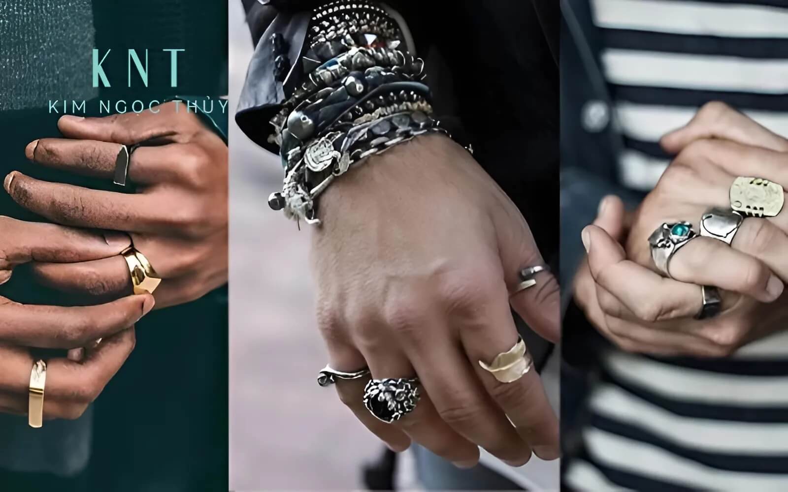 Một chiếc nhẫn signet bản lớn trên ngón trỏ thể hiện phong cách lịch lãm, cổ điển.