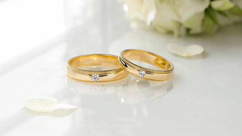 Cặp nhẫn cưới vàng tây 14K viền Milgrain tinh tế và đính đá lấp lánh