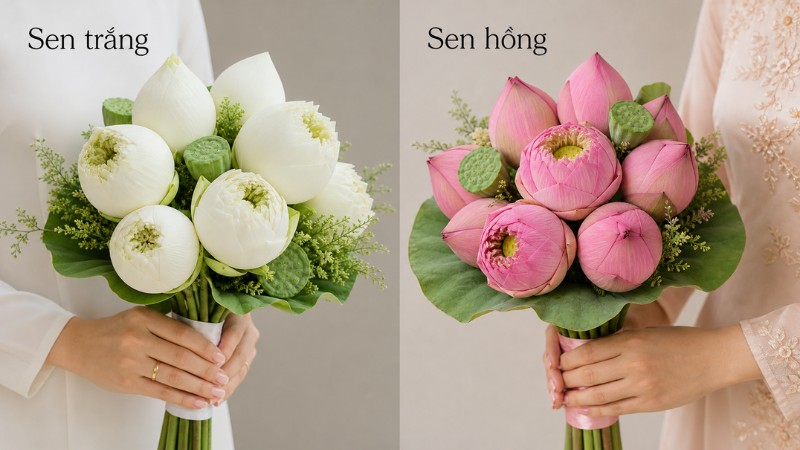 Bó hoa cưới sen trắng và sen hồng