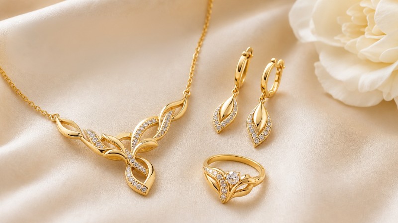 Bộ trang sức cưới vàng 18K cơ bản gồm dây chuyền, nhẫn và bông tai