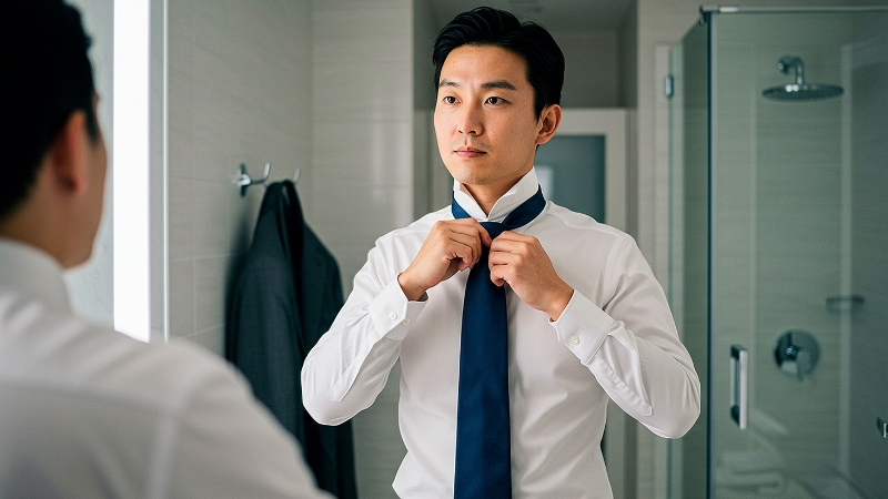 Áo sơ mi trắng phối cùng cà vạt xanh mang lại cảm giác thanh lịch