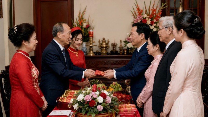 Nghi thức trao lễ giữa hai gia đình trong không gian cưới hỏi truyền thống