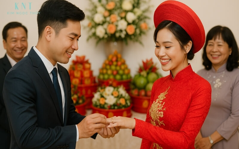 Chú rể đeo nhẫn cho cô dâu trong lễ ăn hỏi