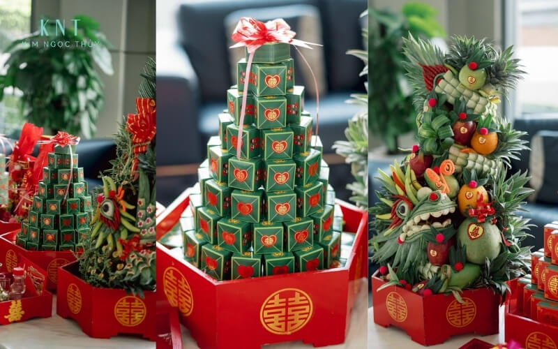 Hình ảnh các mâm sính lễ được trang trí đẹp mắt, chỉn chu, thể hiện sự chu toàn của nhà trai