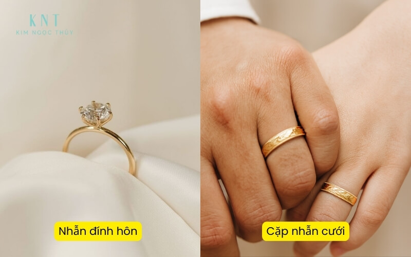 Nhẫn đính hôn kiểu Solitaire và cặp nhẫn cưới