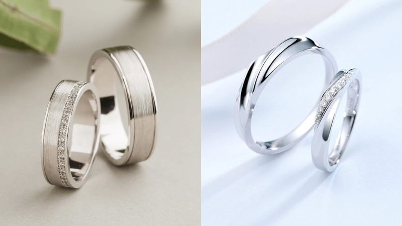 Nhẫn cưới bạch kim (bên trái) có màu sắc trắng xám tự nhiên hơn so với nhẫn cưới vàng trắng