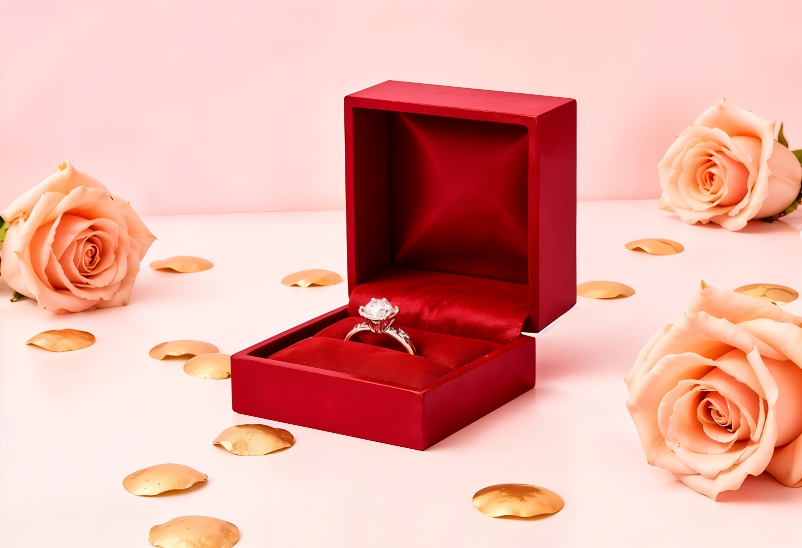 Ba chiếc nhẫn đính hôn vàng vàng, vàng trắng và vàng hồng.