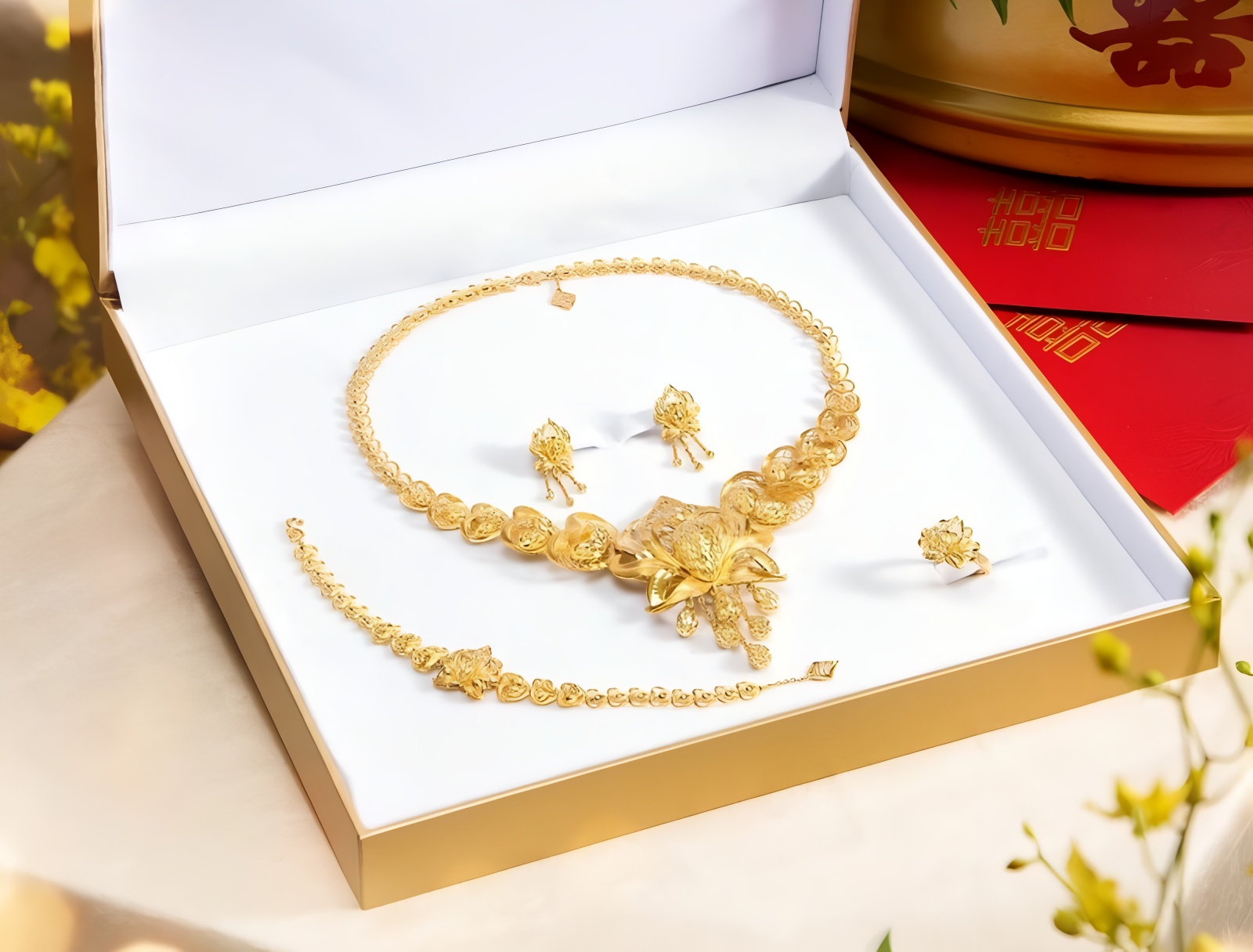 Vàng cưới là sính lễ giá trị, biểu tượng cho hôn nhân sung túc, bền chặt.