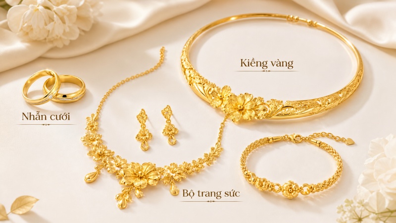 Các món vàng cưới phổ biến gồm nhẫn cưới, kiềng vàng, bông tai, dây chuyền và lắc tay