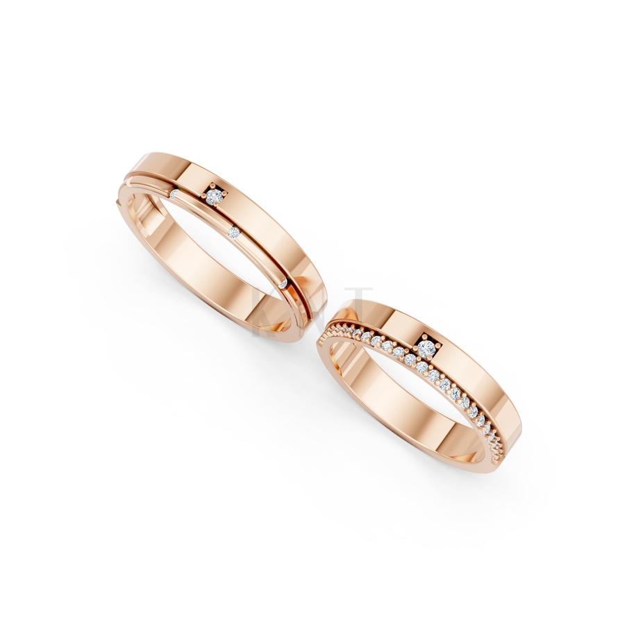 Nhẫn cưới A205 màu vàng hồng Rose Gold vàng đẹp, họa tiết hình học, độc đáo