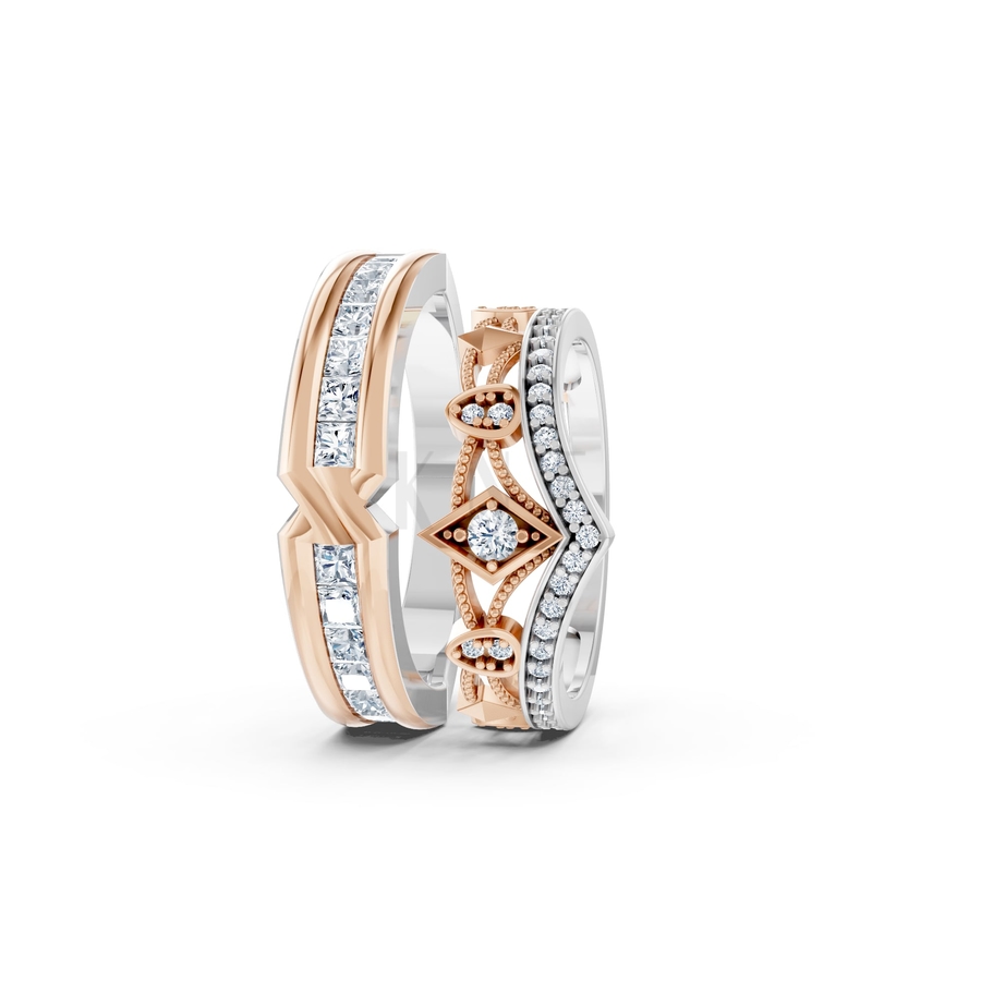 Nhẫn cưới A213 phối màu Dual Color vàng đẹp, họa tiết hình học, độc đáo