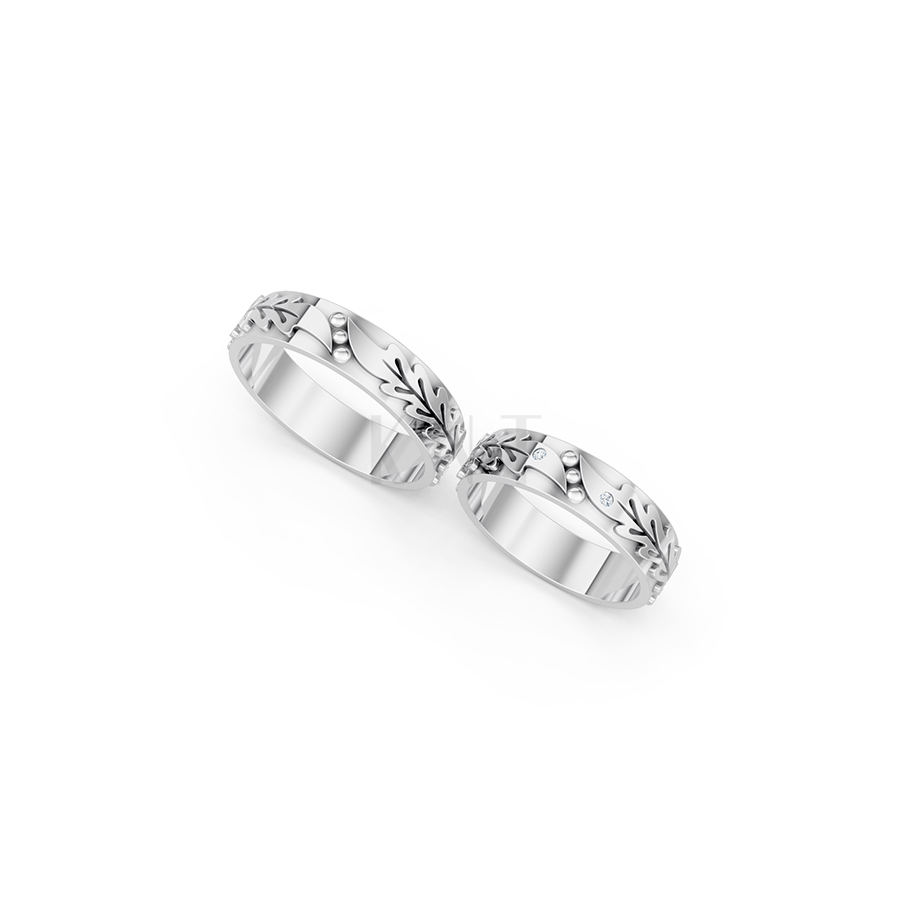Nhẫn cưới E616 hoạ tiết lá cây mềm mại, thiết kế hiện đại màu vàng trắng White Gold kiểu dáng cá tính, hiện đại
