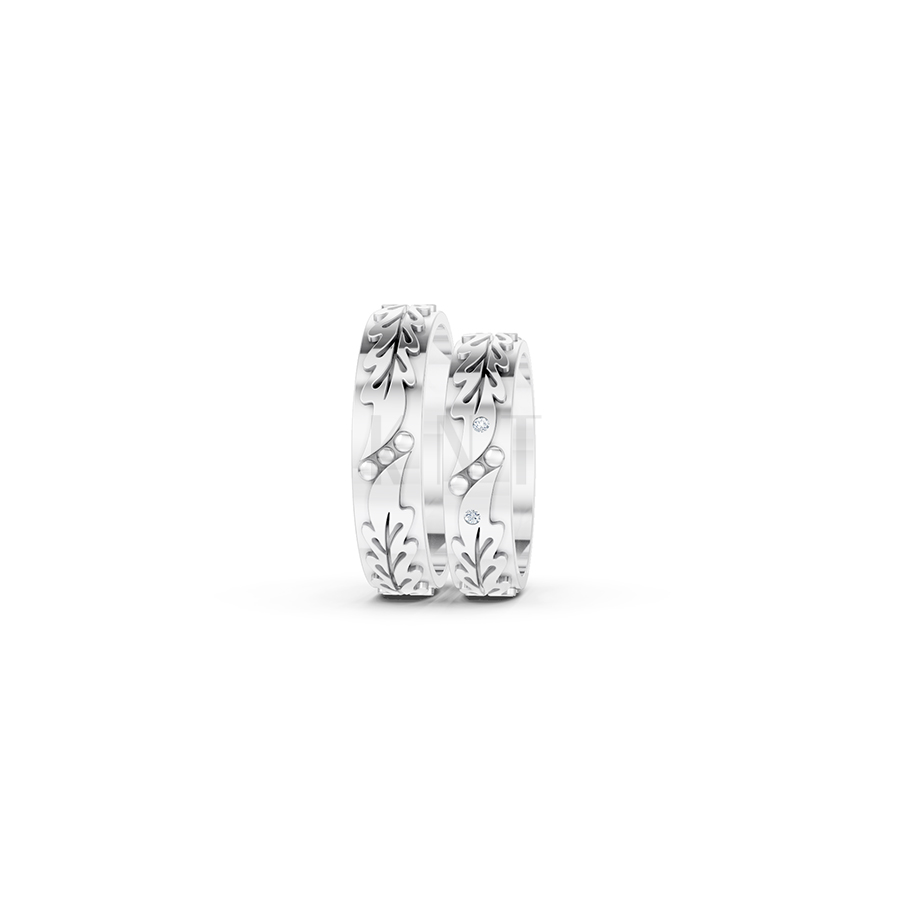 Nhẫn cưới E616 hoạ tiết lá cây mềm mại, thiết kế hiện đại màu vàng trắng White Gold vàng sáng, đường nét sắc sảo, tinh tế
