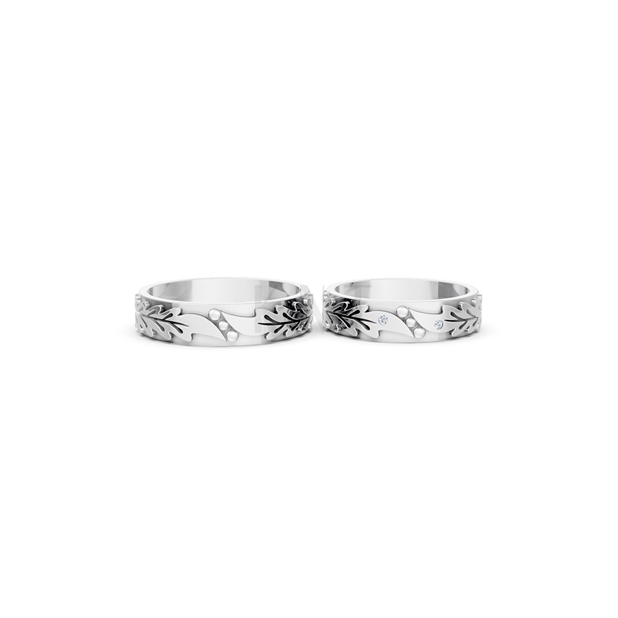 Nhẫn cưới E616 hoạ tiết lá cây mềm mại, thiết kế hiện đại màu vàng trắng White Gold vàng sáng bóng, thiết kế trẻ trung