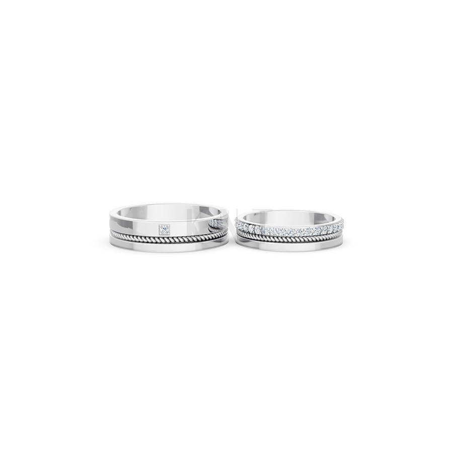 Nhẫn cưới E813 đính đá tinh xảo, thiết kế hiện đại màu vàng trắng White Gold vàng sáng, đường nét sắc sảo, tinh tế
