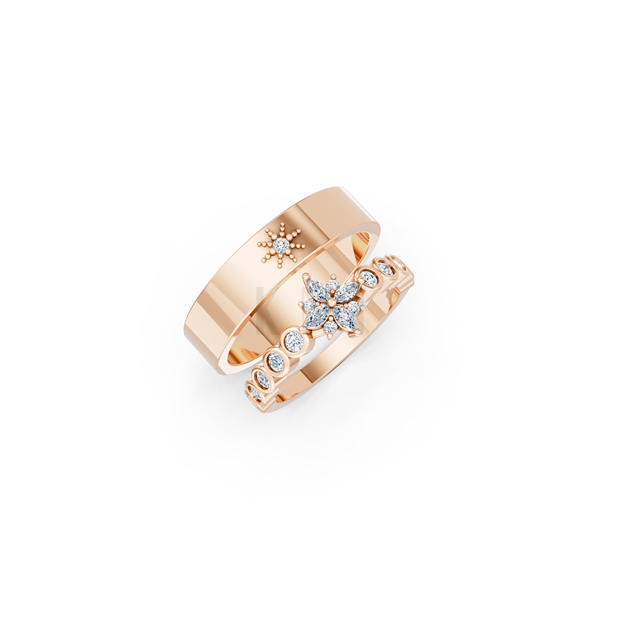 Nhẫn cưới E815 hoạ tiết hình sao độc đáo, phong cách màu vàng hồng Rose Gold họa tiết ấn tượng, cá tính
