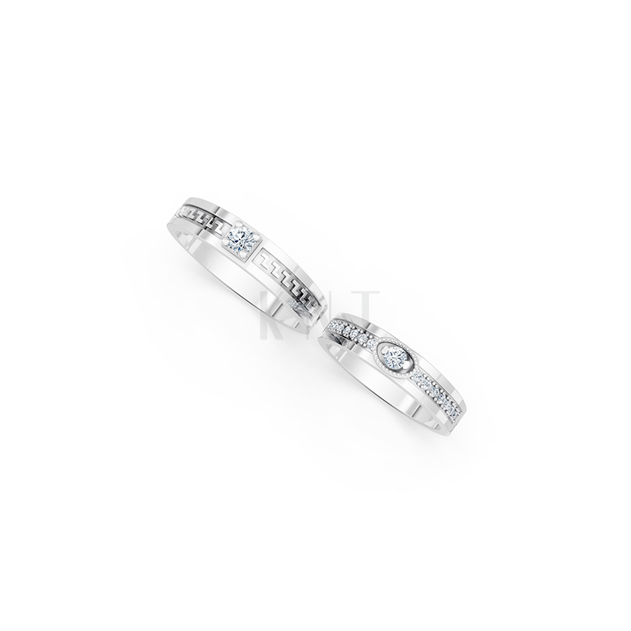 Nhẫn cưới E818 đường nét tinh xảo, đính đá lấp lánh màu vàng trắng White Gold kiểu dáng cá tính, hiện đại